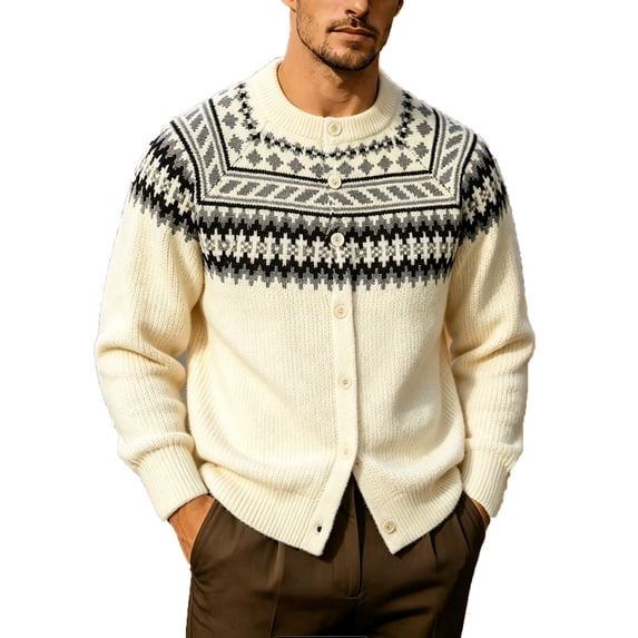 Iyufng Cardigan Sweaters for Men Vintage Fair Isle Geometric Pattern Sweater Button Front Long Sleeve Casual Daily Warm Knit Tops