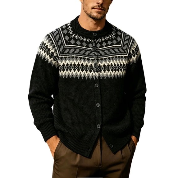Iyufng Cardigan Sweaters for Men Vintage Fair Isle Geometric Pattern Sweater Button Front Long Sleeve Casual Daily Warm Knit Tops