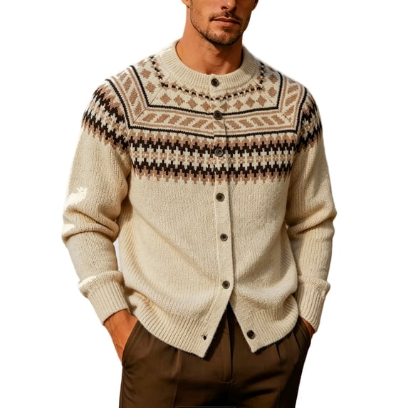 Iyufng Cardigan Sweaters for Men Vintage Fair Isle Geometric Pattern Sweater Button Front Long Sleeve Casual Daily Warm Knit Tops