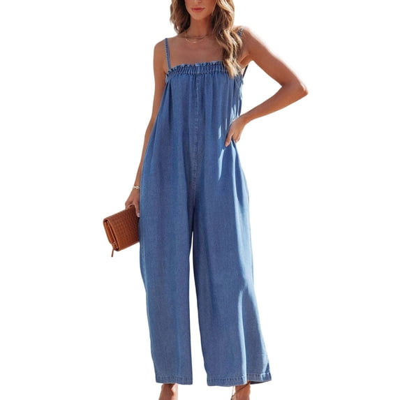Iyufng Casual Jumpsuits for Women Spaghetti Straps Wide Leg Denim Jumpsuit