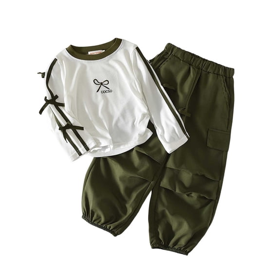 Iyufng Casual Sportswear 2 Piece Outfits for Girls, Toddler Girl Clothes Fall Bow Long Sleeve Top with Cargo Shorts 2-9 Years