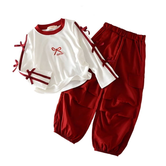 Iyufng Casual Sportswear 2 Piece Outfits for Girls, Toddler Girl Clothes Fall Bow Long Sleeve Top with Cargo Shorts 2-9 Years