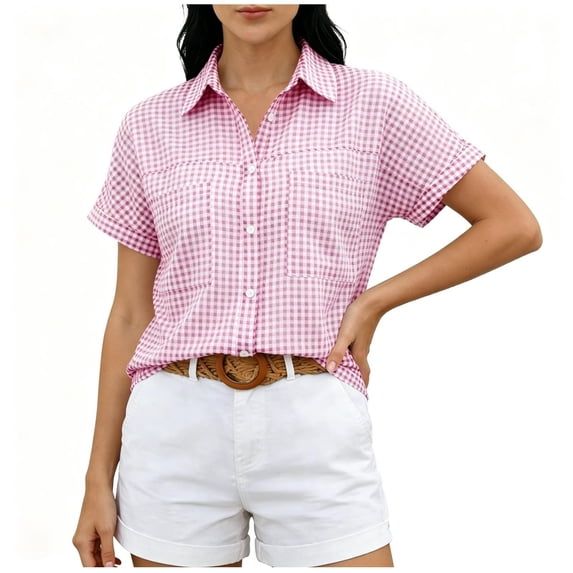 Iyufng Checkered Blouses for Women Short Sleeve Collared Button-Down Blouses Summer Casual Tops