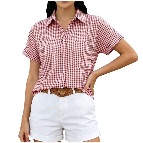 Iyufng Checkered Blouses for Women Short Sleeve Collared Button-Down Blouses Summer Casual Tops