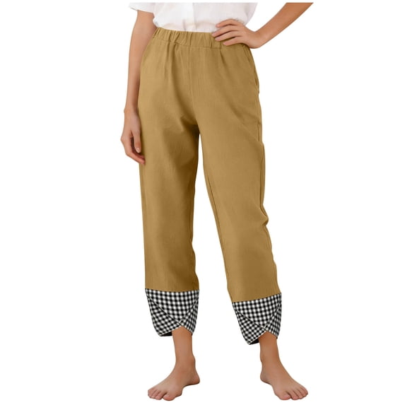 Iyufng Checkered Panels Pants for Women Elastic Waistband Wide Leg Pants Loose Casual Trousers with Pockets