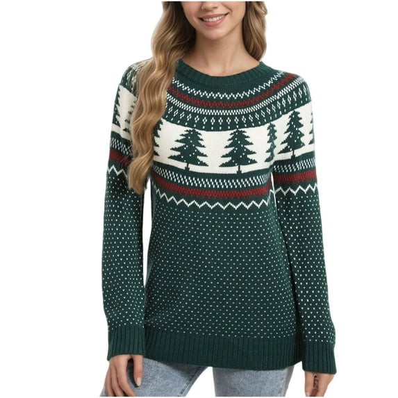 Iyufng Christmas Sweaters for Women Fashion Knit Vintage Christmas Tree Long Sleeve Round Neck Pullover Sweater Green,S