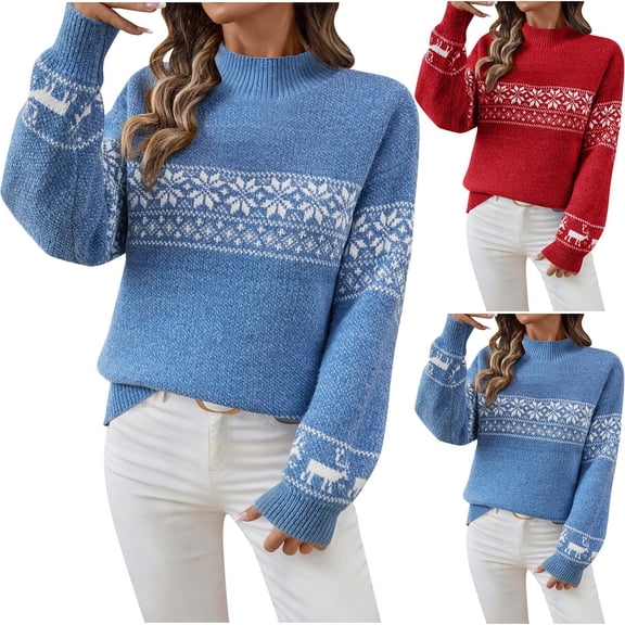 Iyufng Christmas Sweaters for Womens Fashion Christmas Snowflake Long Sleeve Half-High Neck Knit Pullover Sweater Blue,S