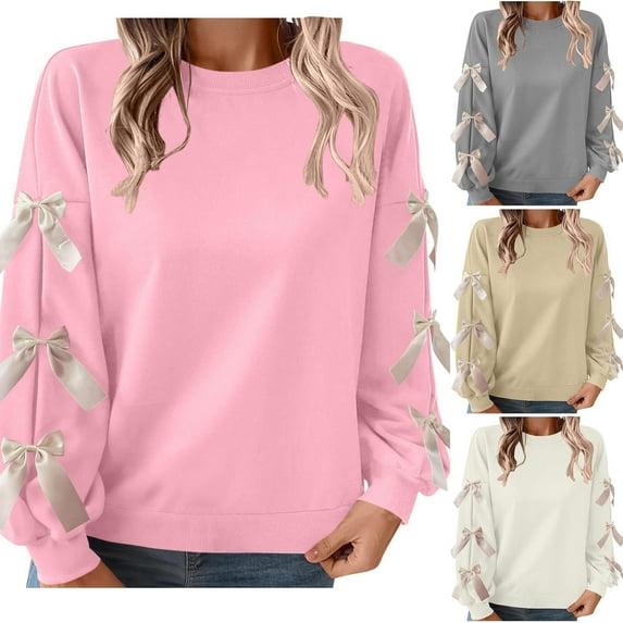 Iyufng Christmas Sweatshirts for Women Long Sleeve Crew Neck Tops with Bow Cute Loose Pullover Gray,M