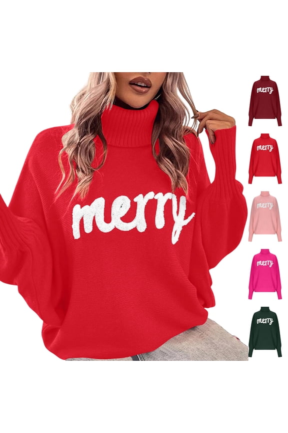 Christmas Womens Turtleneck Sweaters,Casual Winter Sweaters for Women Long Sleeves High-Neck Pullover Sweater with Loose Batwing Sleeves Outerwear Knit Tops L