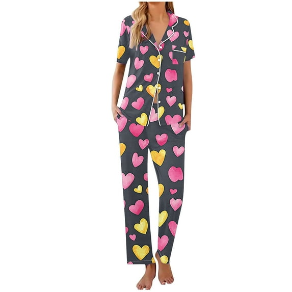 Iyufng Pajama Sets for Women 2 Piece,Loungewear Sets,Fashion Printed Thin Short Sleeved Top Long Pants Lapel Button up Sleepwear Pjs Set,Women Homewear,S-XXL