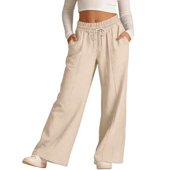 Iyufng Cotton Linen Pants for Girls Drawstring Wide Leg Pants with Pockets