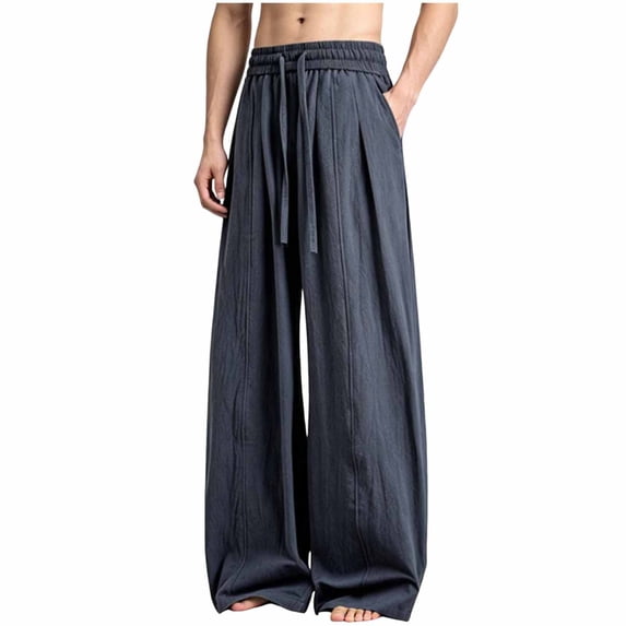 Iyufng Cotton Linen Wide Leg Pants for Men Casual Summer Loose Trousers with Drawstring and Pockets