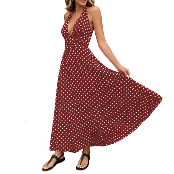 Iyufng Deep V-Neck Polka Dot Print Maxi Dresses for Women Backless Strap Up Stretch Dress