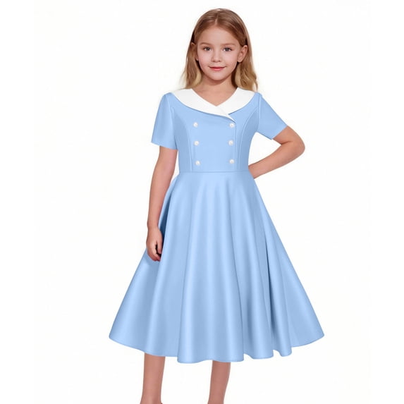 Iyufng Dresses for Girls Hepburn Style Short Sleeve Collared Dress Fitted Button Down Dance Dress Children's Dresses