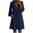 thumbnail image 1 of Iyufng Dresses for Women Casual Solid Color Cotton Linen Blend Dress V-Neck 3/4 Bell Sleeve Dress, 1 of 8