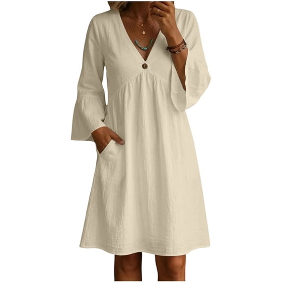 Iyufng Dresses for Women Casual Solid Color Cotton Linen Blend Dress V-Neck 3/4 Bell Sleeve Dress