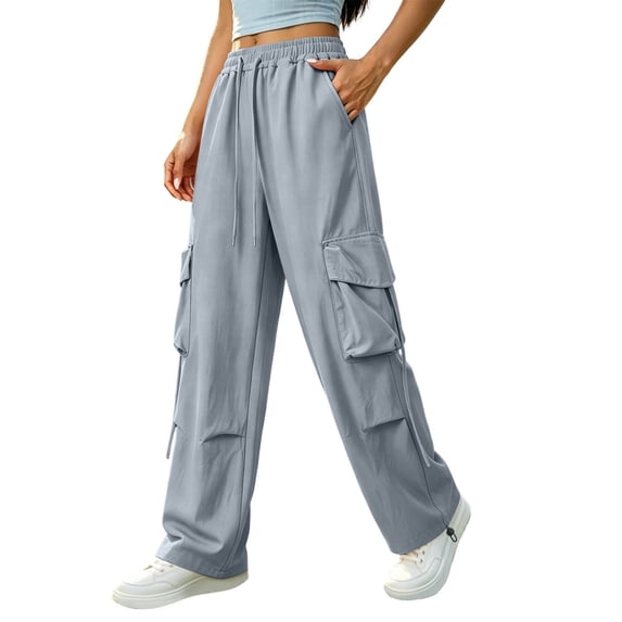 Iyufng Elastic Drawstring Waist Straight Leg Pants for Women, Womens Casual Cargo Pants with Pockets