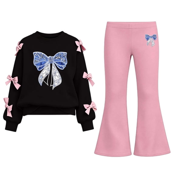 Iyufng Fall 2 Piece Sets for Girls, Bow Decor Top with Slightly Flared Pant Set, Girls Printed Tracksuits, Ages 5–15 Multiple Colors