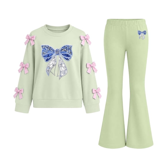 Iyufng Fall 2 Piece Sets for Girls, Bow Decor Top with Slightly Flared Pant Set, Girls Printed Tracksuits, Ages 5–15 Multiple Colors