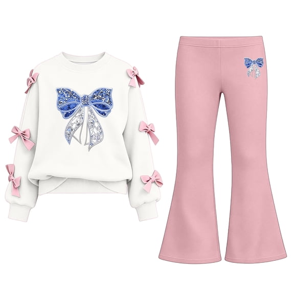 Iyufng Fall 2 Piece Sets for Girls, Bow Decor Top with Slightly Flared Pant Set, Girls Printed Tracksuits, Ages 5–15 Multiple Colors