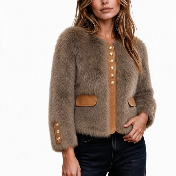 Iyufng Faux Fur Cropped Jackets for Women Long Sleeve Short Coat with Button Decor