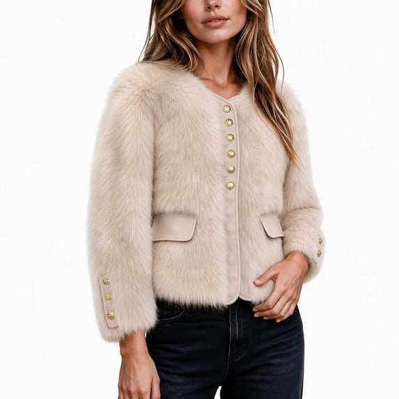 Iyufng Faux Fur Cropped Jackets for Women Long Sleeve Short Coat with Button Decor
