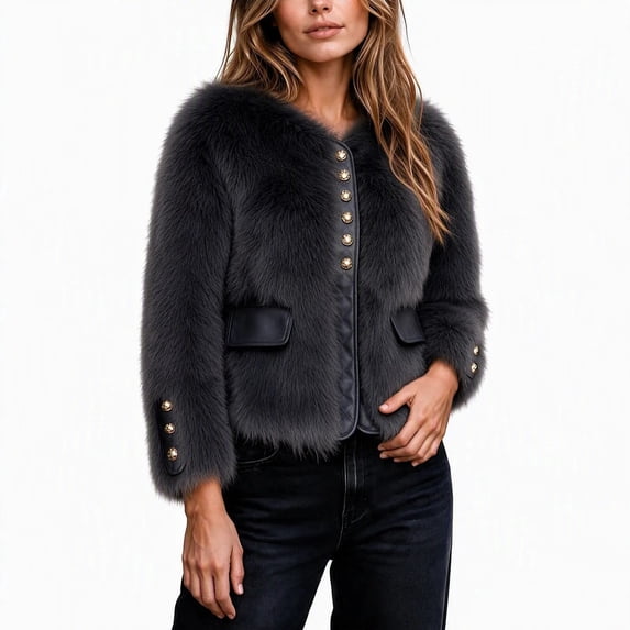 Iyufng Faux Fur Cropped Jackets for Women Long Sleeve Short Coat with Button Decor