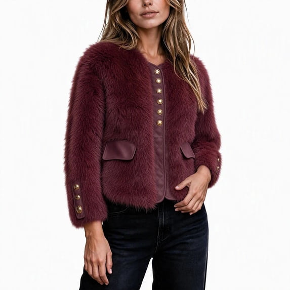 Iyufng Faux Fur Cropped Jackets for Women Long Sleeve Short Coat with Button Decor