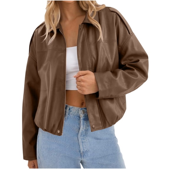 Iyufng Faux Leather Cropped Jackets for Women Collared Long Sleeve Full Zip Loose Casual Short Outerwear