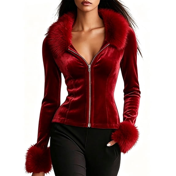 Iyufng Fitted Velvet Zip Up Jackets for Women Long Sleeve with Faux Fur Collar and Cuffs Slim Cropped Outerwear