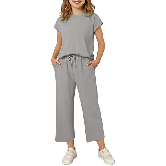 Iyufng Girls 2 Piece Outfits, Solid Color Short Sleeve Top and Pants Set, Summer Casual Loungewear Sets