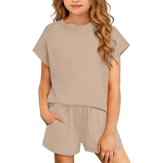 Iyufng Girls 2 Piece Outfits, Solid Color Short Sleeve Top and Shorts Set, Summer Casual Loungewear Sets