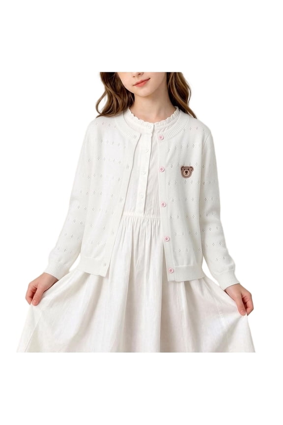 Girls Crew Neck Eyelet Bear Embroidery Knit Cardigans Long Sleeve Button Sweater