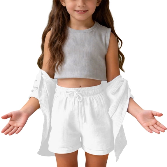 Iyufng Girls' Outfit Sets 2 Pieces, Solid Color Long Sleeve Button-Down Shirt and Shorts Set, Summer Casual Clothing Sets