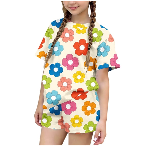 Iyufng Girls Outfit Sets 2 Pieces, Summer Printed Casual T-Shirt and Shorts Sets
