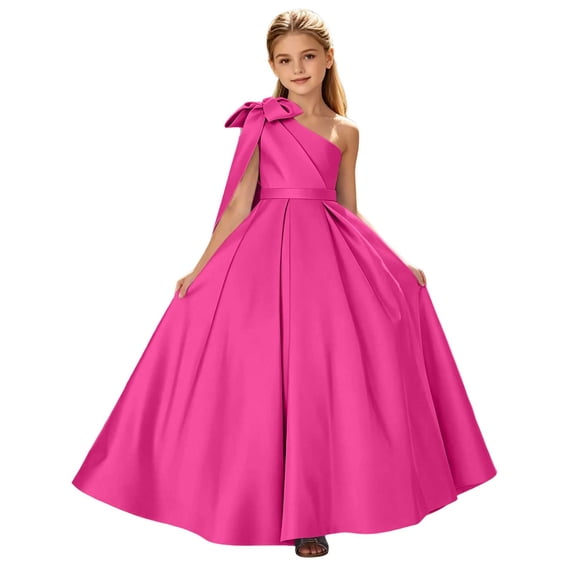 Iyufng Girls Solid Color Satin Summer Ball Gown Off Shoulder Long Bow Tied Princess Dress