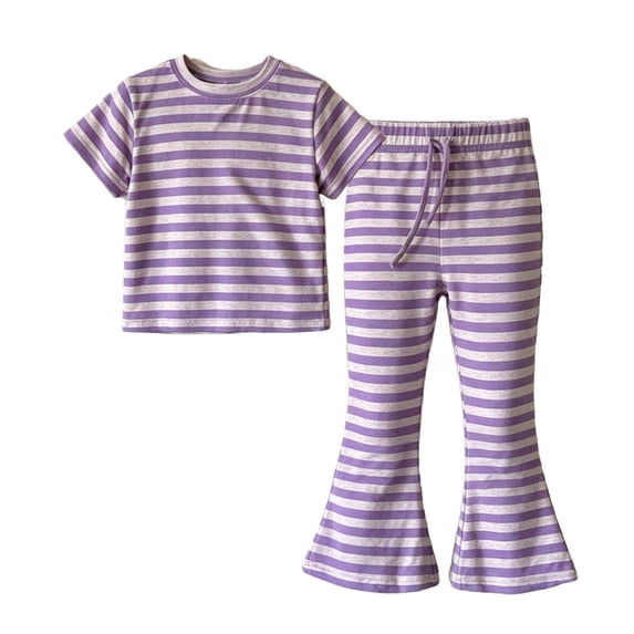 Iyufng Girls' Summer Striped Sets, Short Sleeve Top with Drawstring Flared Pants Casual 2 Piece Set