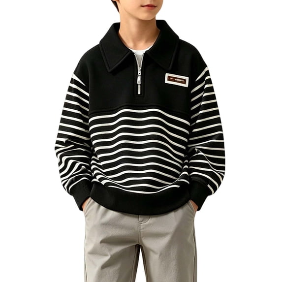 Iyufng Half Zip Striped Sweatshirts for Boys Ribbed Cuff Relaxed Fit Daily School Long Sleeve Kids Collared Pullover