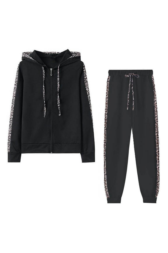 Hoodies Set for Women 2 Piece Set,Plus Size Hooded Sweatshirt and Sweatpants Sets,Fall Winter Casual Sports V-Neck Leopard Print Long Sleeve Pocket Zippered Sweatshirts,Jogger Outfit