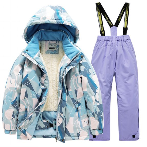 Iyufng Kids 2 Piece Ski Suit, Camo Print Waterproof Hooded Jacket and Insulated Snow Pants Set, Kids Winter Outfit