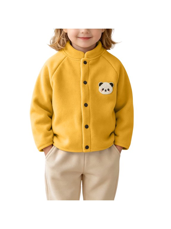 Kids Solid Polar Fleece Snap Front Jackets Stand Collar Panda Embroidery Casual Warm Outerwear for Toddler Boys Girls