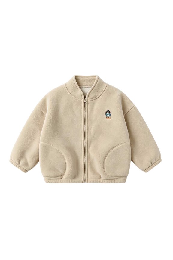 Kids Solid Polar Fleece Zip Front Jackets Stand Collar Bear Embroidery Casual Warm Outerwear for Girls Boys