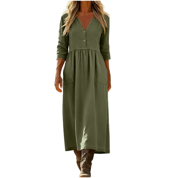 Iyufng Linen Dresses for Women Casual Summer Solid Loose Long Sleeve V Neck Button with Pockets