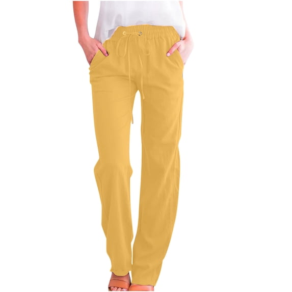 Iyufng Linen Pants Women Plus Size,Women Pants with Drawstring Fashion Womens Casual Solid Color Elastic Loose Pants Straight Wide Leg Trousers Pants,Gifts for Women