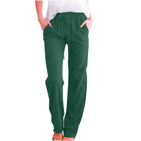 Iyufng Linen Pants Women Plus Size,Women Pants with Drawstring Fashion Womens Casual Solid Color Elastic Loose Pants Straight Wide Leg Trousers Pants,Gifts for Women