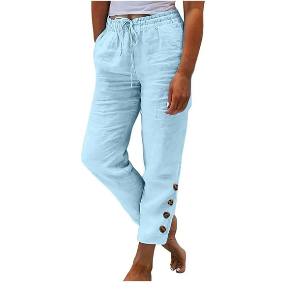 Iyufng Linen Pants Women Plus Size,Women Pants with Drawstring on Solid Color Cotton Linen Loose Drawcord Button Lace Casual Wide Leg Trousers,Gifts for Women