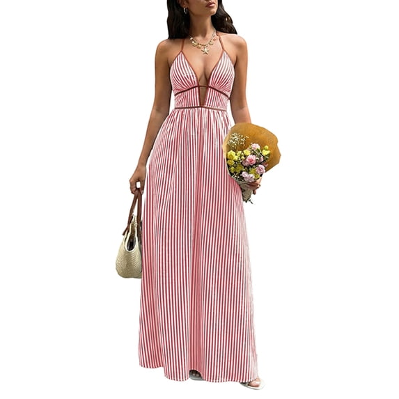 Iyufng Long Dresses for Women Deep V-Neck Striped Vacation Dress Backless Halter-Neck Ankle-Length Dress