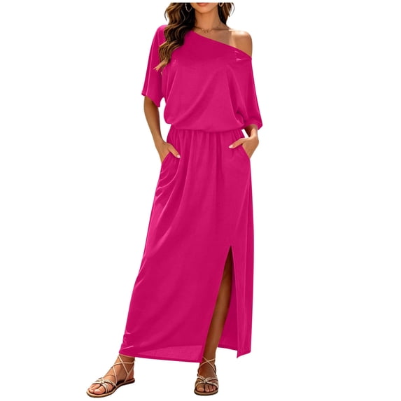 Iyufng Long Dresses for Women Fitted Waist Off-The-Shoulder Dress Slit Dress Summer Beach Long Dress
