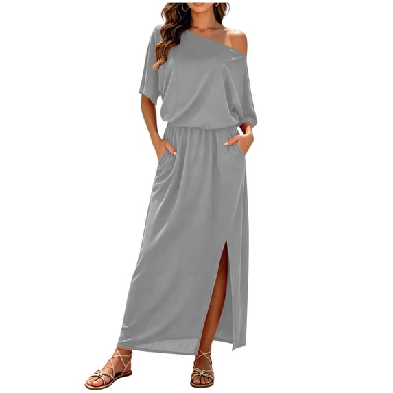 Iyufng Long Dresses for Women Fitted Waist Off-The-Shoulder Dress Slit Dress Summer Beach Long Dress