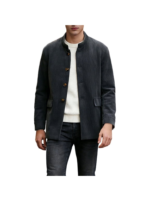 Mandarin Collar Corduroy Jackets for Men Single Breasted Button Solid Casual Retro Outer Coat Fall Winter Layering Outerwear